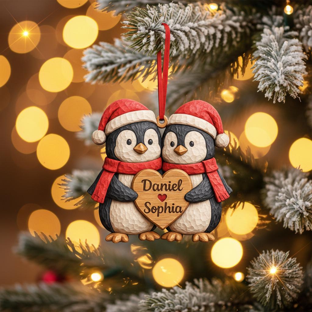 Personalized Penguin Couple First Christmas 2 Layers Wooden Ornament LM32 897519
