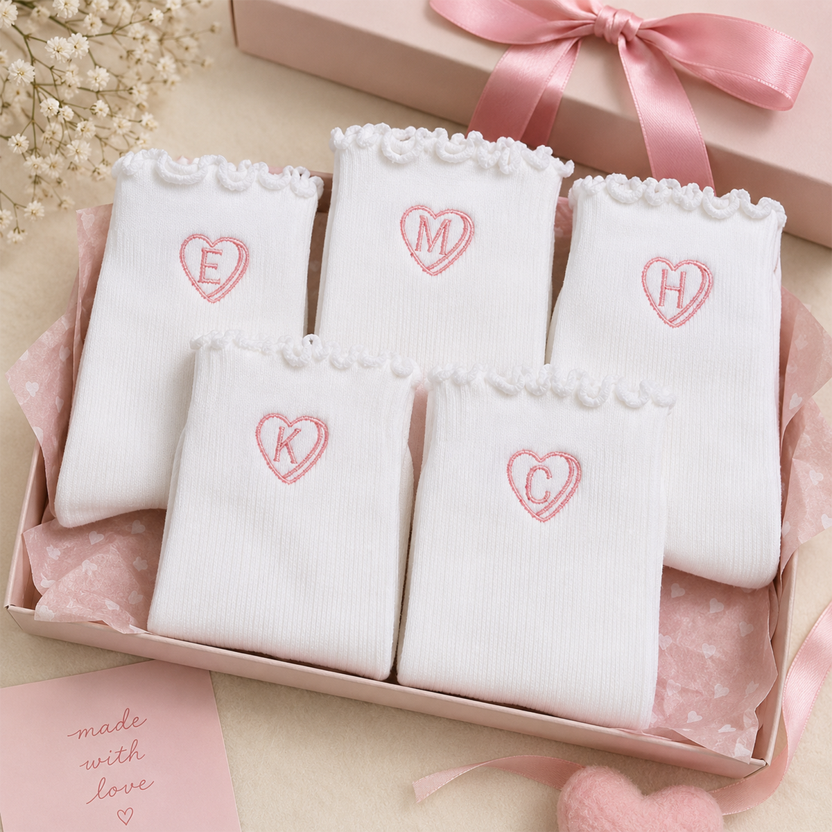 Custom Initial Embroidered Ruffle Socks, Bridesmaids Gift Matching Besties Sock CH07 180464