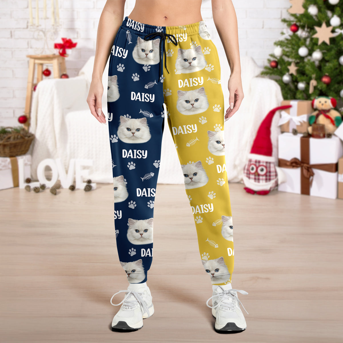 Custom Cat Face Photo Color Split Sweatpants Gift For Christmas HO82 900388