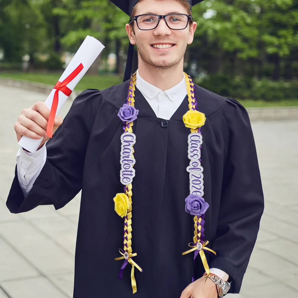 Personalized Class of 2026 Rose Rhinestone Two-Colored Braided Graduation Ribbon Lei with Texts Graduation Party Decor Gift for Graduates TH10 898335