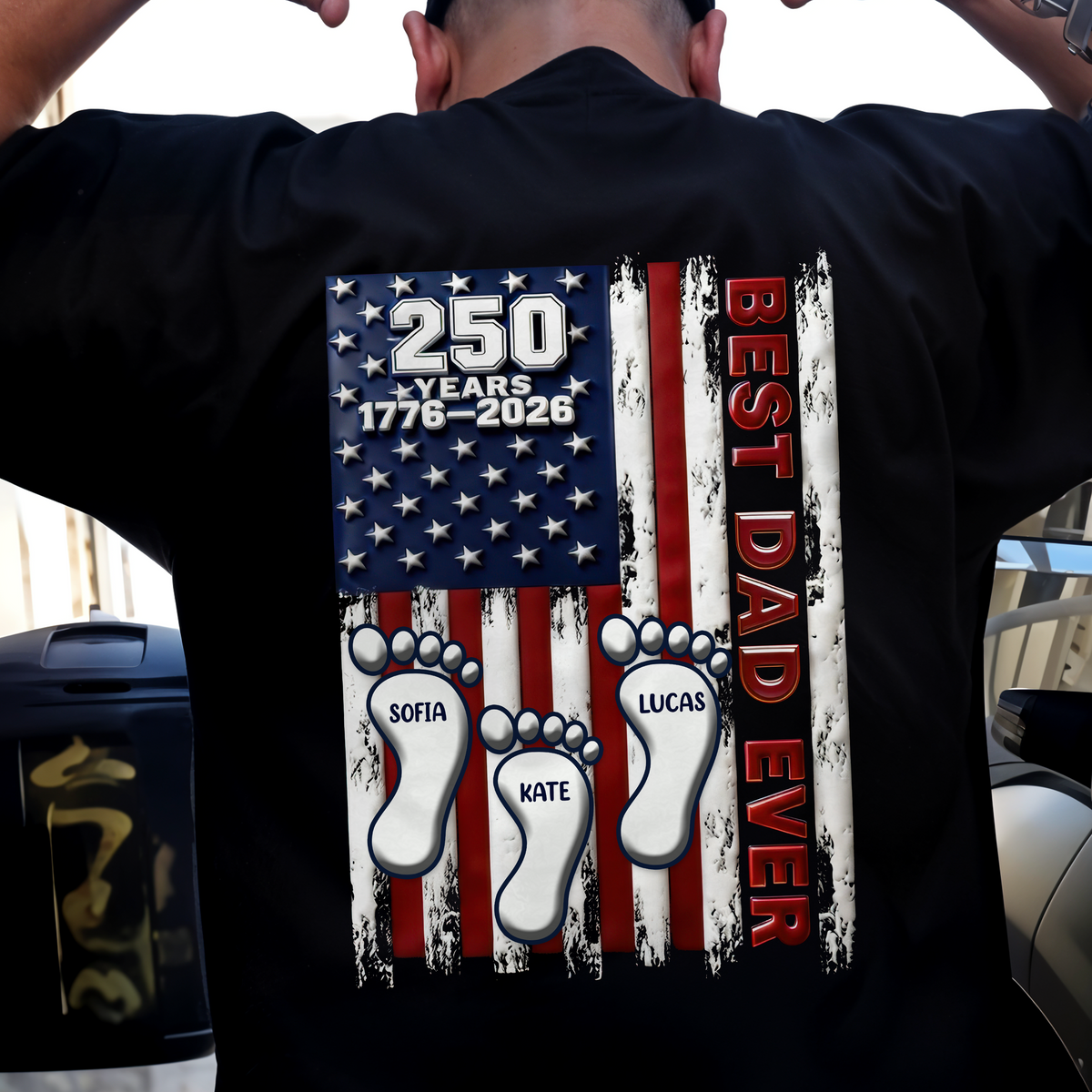 America 250 Best Dad Ever Back Shirt, Custom Footprint Kids Names T-Shirt For Dad CH07 910994