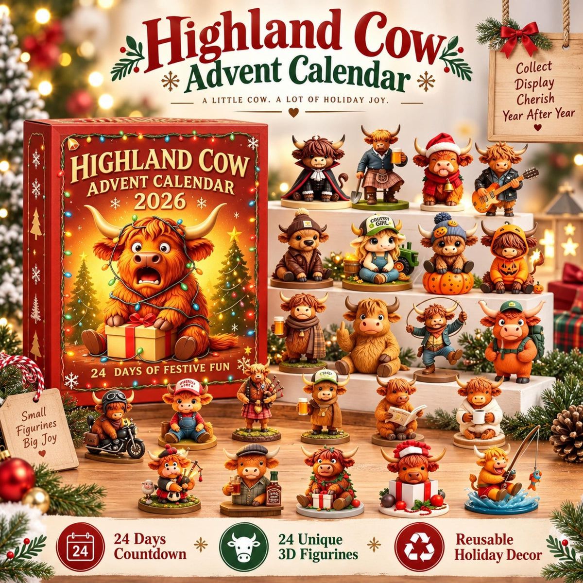 24 Days Christmas Highland Cow Advent Calendar 2026, Figurines Farmhouse Holiday Decor LM32 670173