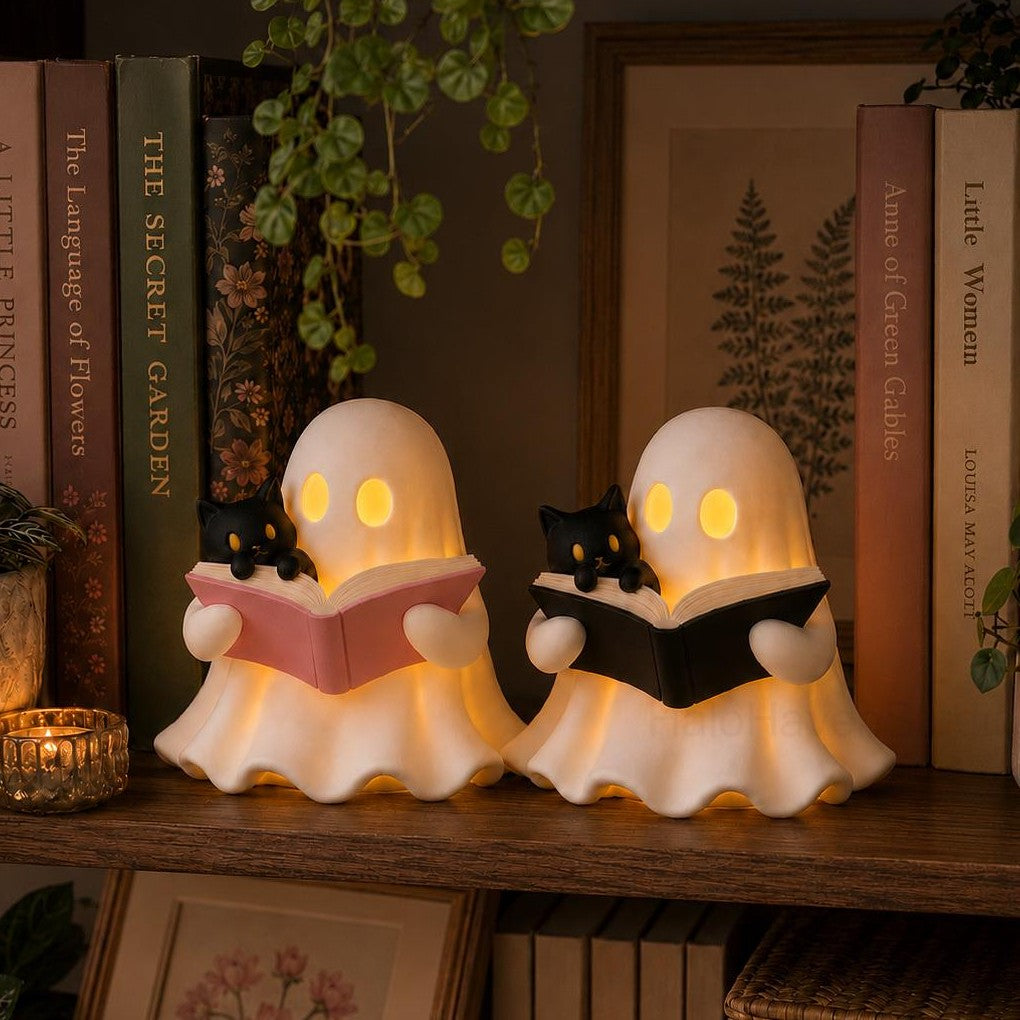 3D Reading Ghost Figurine with Black Cat, LED Tealight Halloween Decor LM32 670039