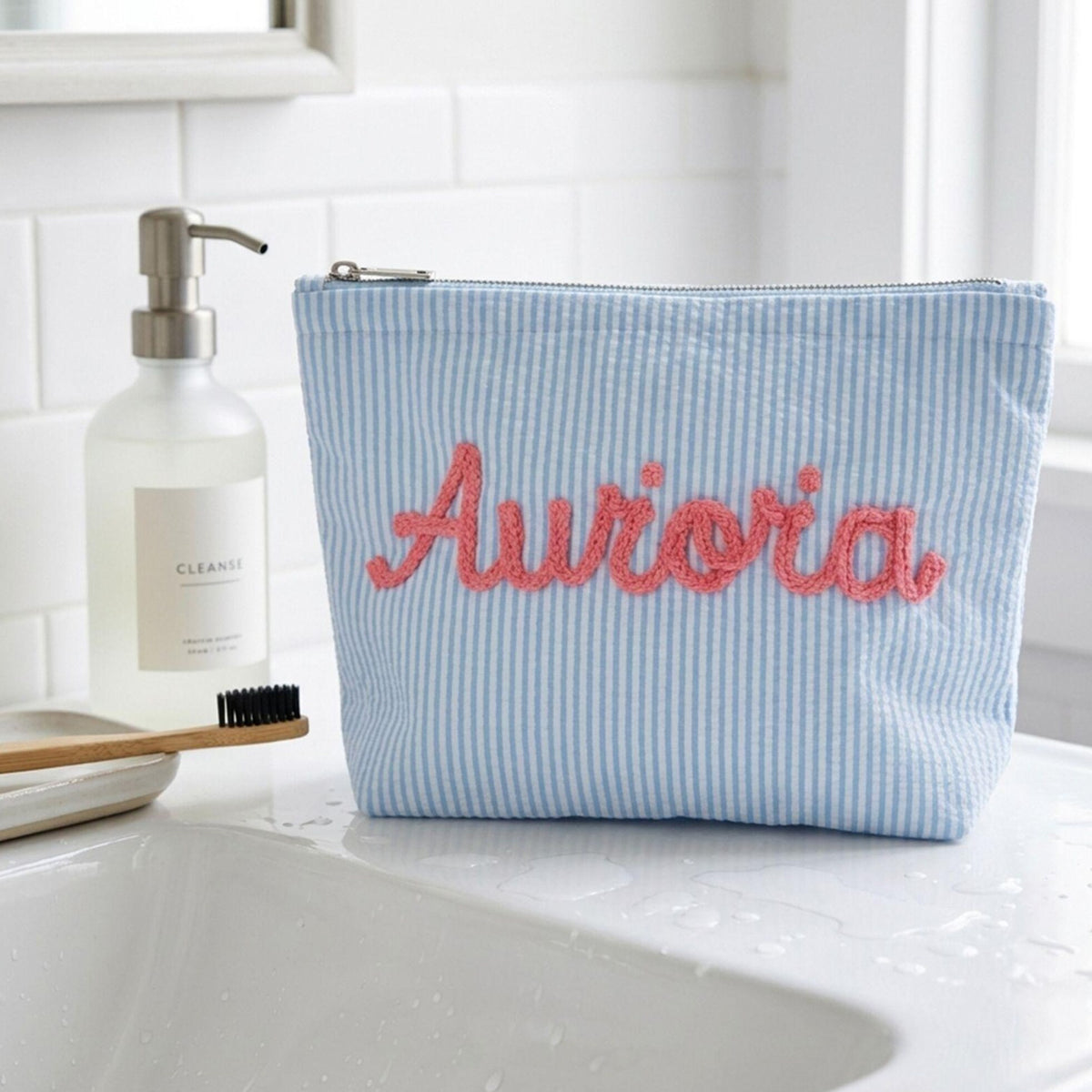 Personalized Name Seersucker Makeup Bag - Gift For Mom, Girlfriend, Women, Summer Gift HO82 902064