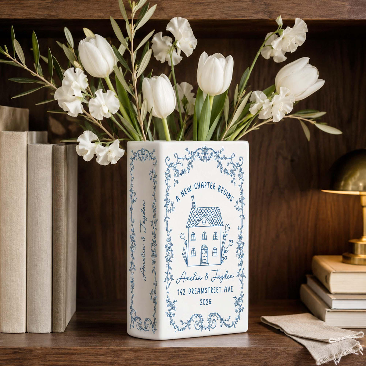 Personalized First Home Ceramic Book Vase, Housewarming Gift For Couple LM32 670603
