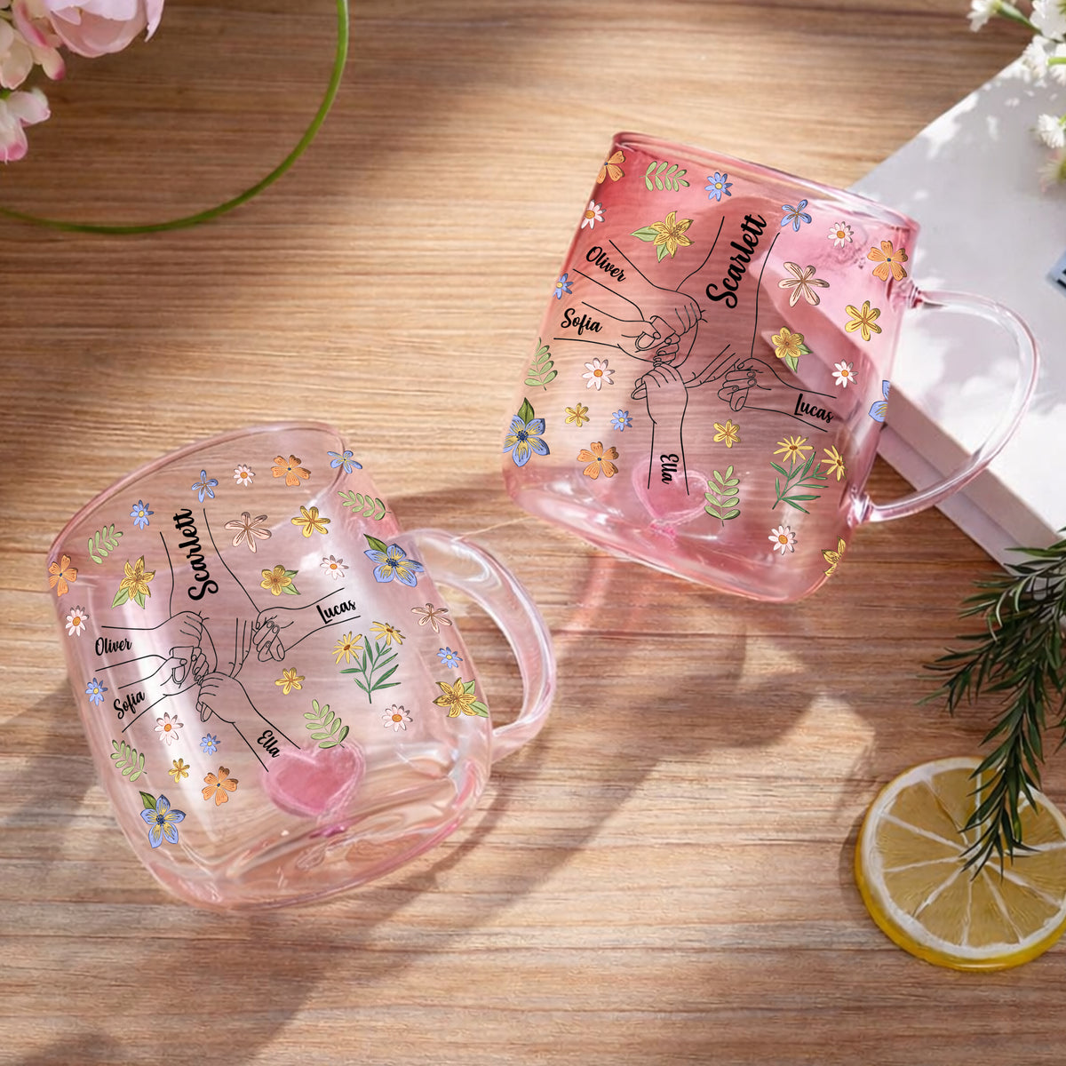 Personalized Hold My Hand Hold My Heart Family Pink Gradient Glass Mug - Gift For Grandma, Mom, Mother's Day HO82 901764