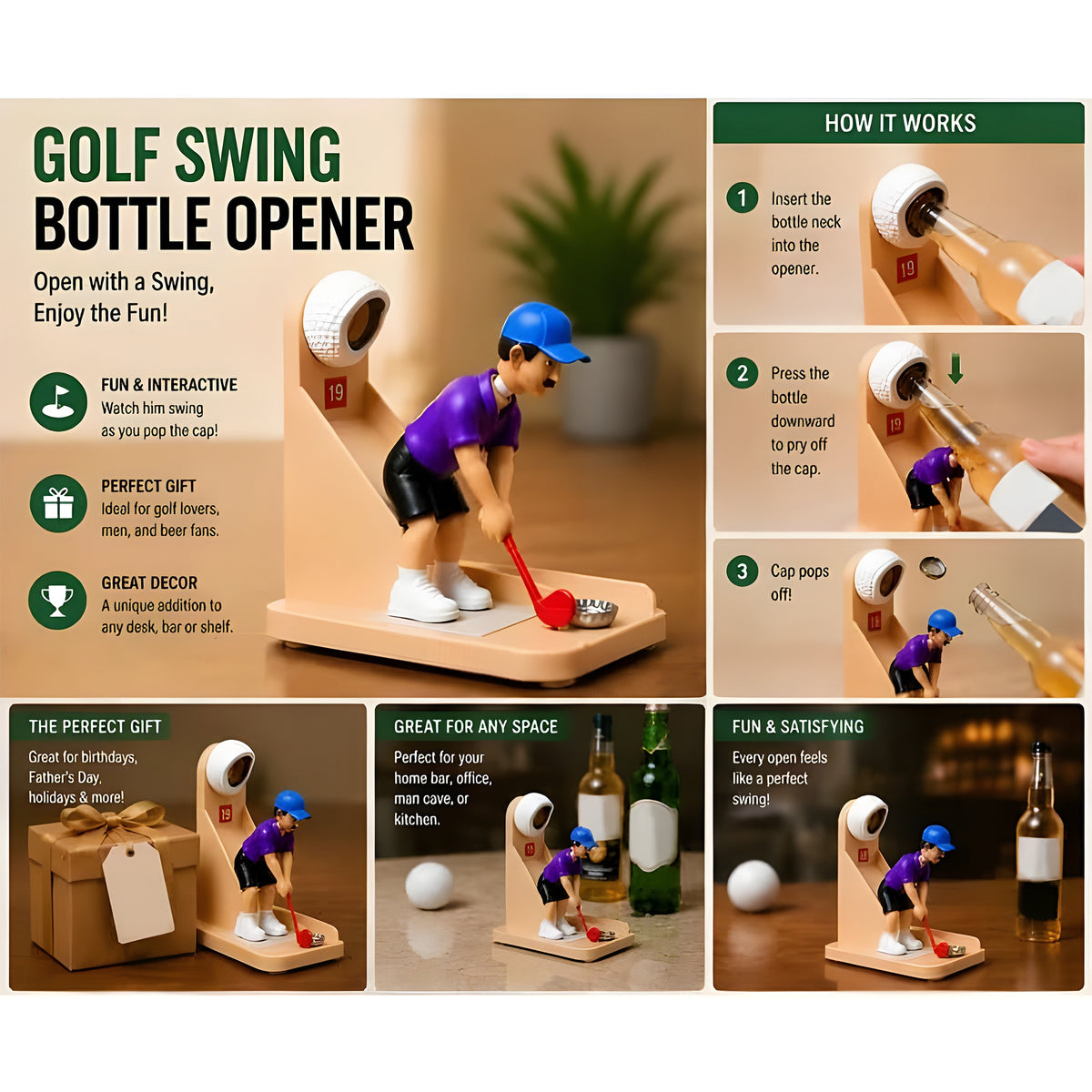 Funny Golf Bottle Opener Fridge Magnet, Mini Golfer Beer Cap Launcher & Collector LM32 669925