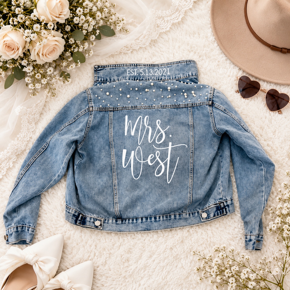 Personalized Name & Date Bridal Jean Jacket with Pearls - Wedding Gift HO82 904108