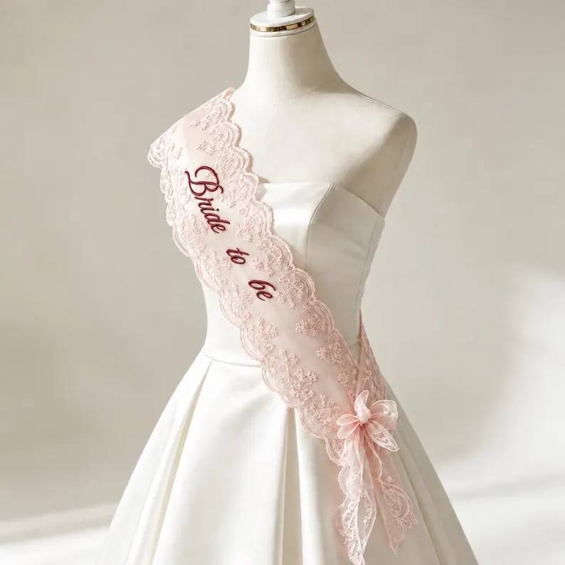 Personalized Text Bride to Be Embroidered Lace Sash - Elegant Wedding & Bachelorette Party Shoulder Sash HO82 904106