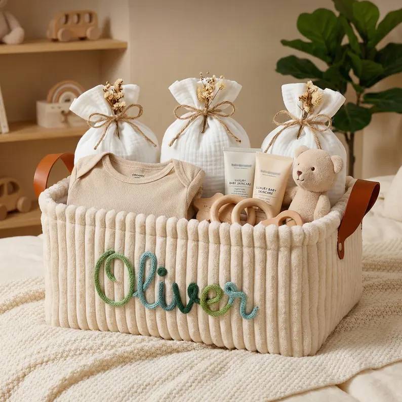 Personalized Embroidery Baby Storage Basket – Baby Shower Gift Knitted Wire Art HO82 903014