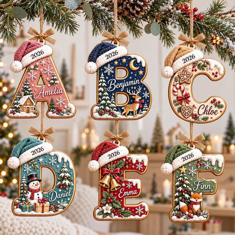 Personalized Initial Letter with Santa Hat Wood Ornament HO82 904272