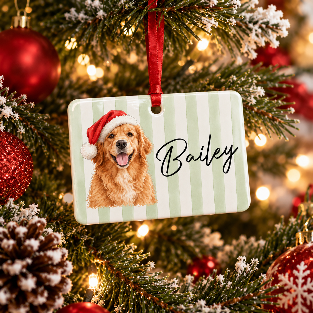 Custom Cute Dog Photo Watercolor Christmas Ceramic Rectangle Ornament CH07 181218