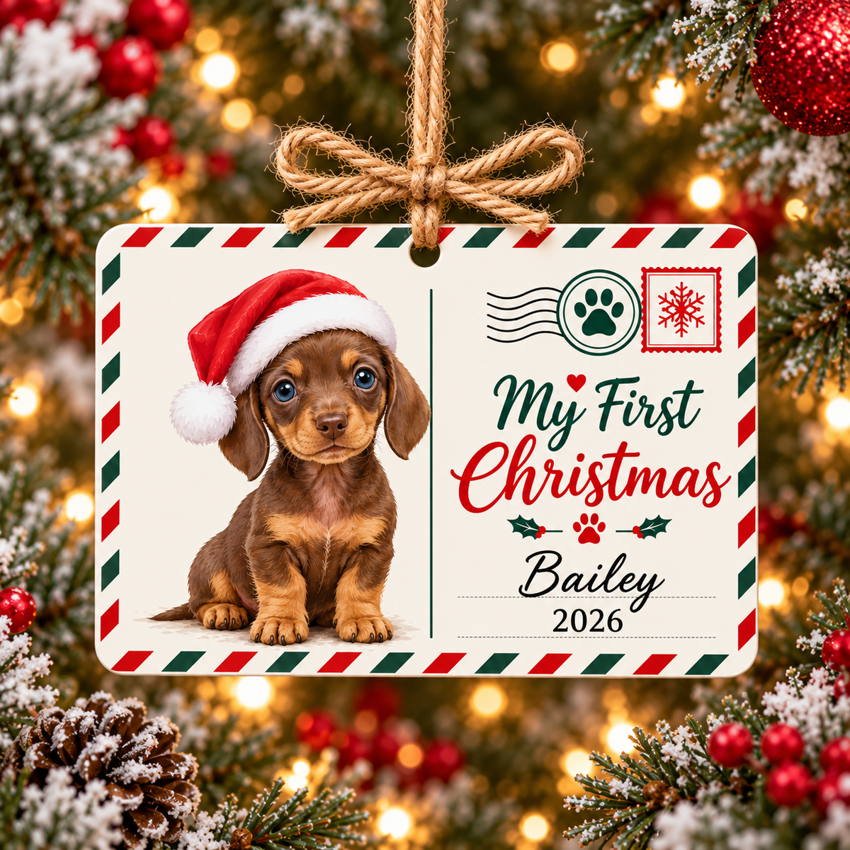 Personalized Dog Photo First Christmas Rectangle Ornament Cute Puppy Watercolor Gift For Dog Mom Dad CH07 181168