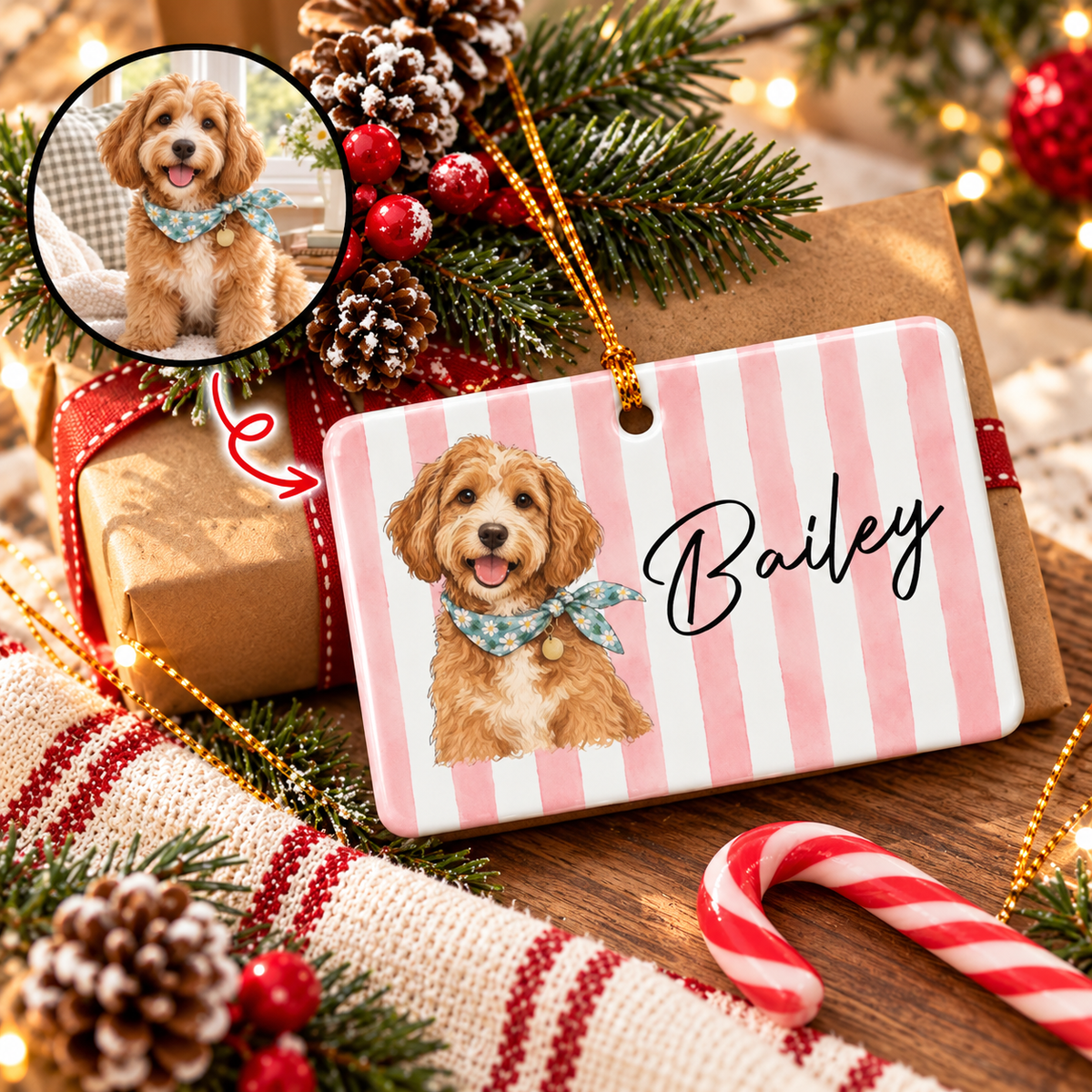 Custom Cute Dog Photo Watercolor Christmas Ceramic Rectangle Ornament CH07 181218