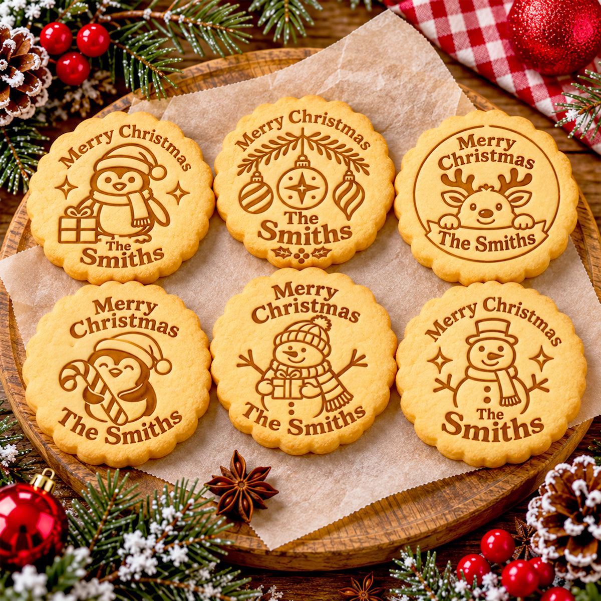 Personalized Family Name Christmas Cookie Stamp – Cute Penguin, Snowman & Reindeer Holiday Baking Stamp CH07 181096
