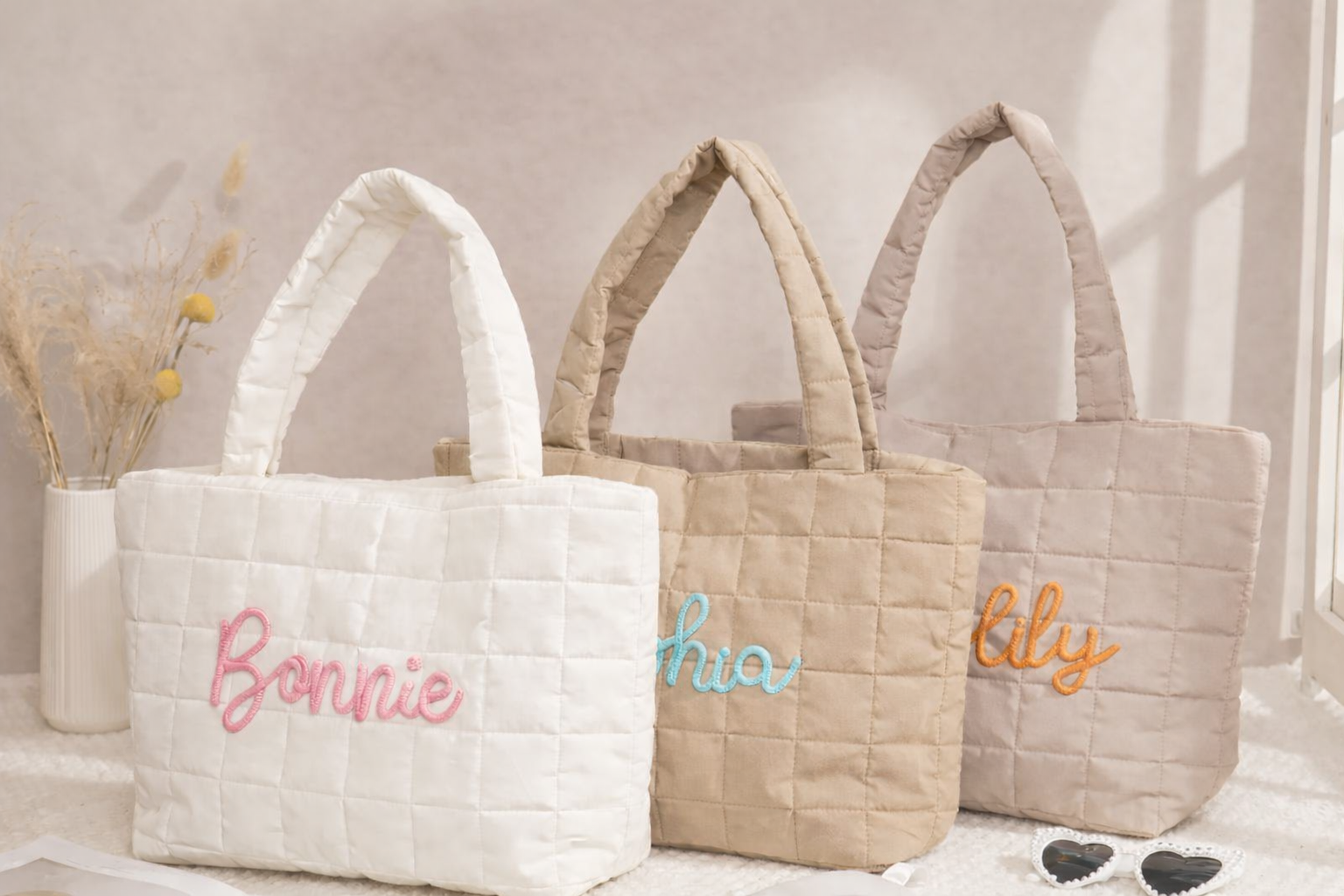 Monogrammed Shoulder Bag for Women's, Gift for Her, Beach Bag Embroidered Quilted Nylon Tote Bag TH10 169615