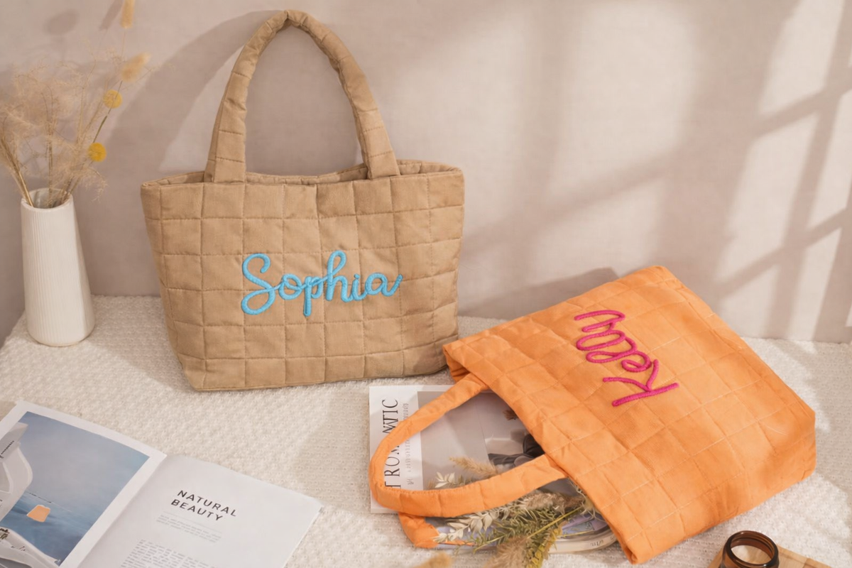 Monogrammed Shoulder Bag for Women's, Gift for Her, Beach Bag Embroidered Quilted Nylon Tote Bag TH10 169615