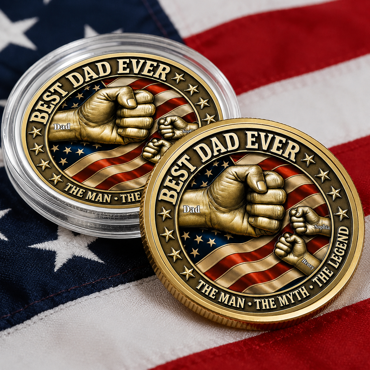 Custom Best Dad Ever Fist Bumps With Kids' Names Coin - Fathers Day Gift, Veteran Grandpa, Papa Gift HO82 902404