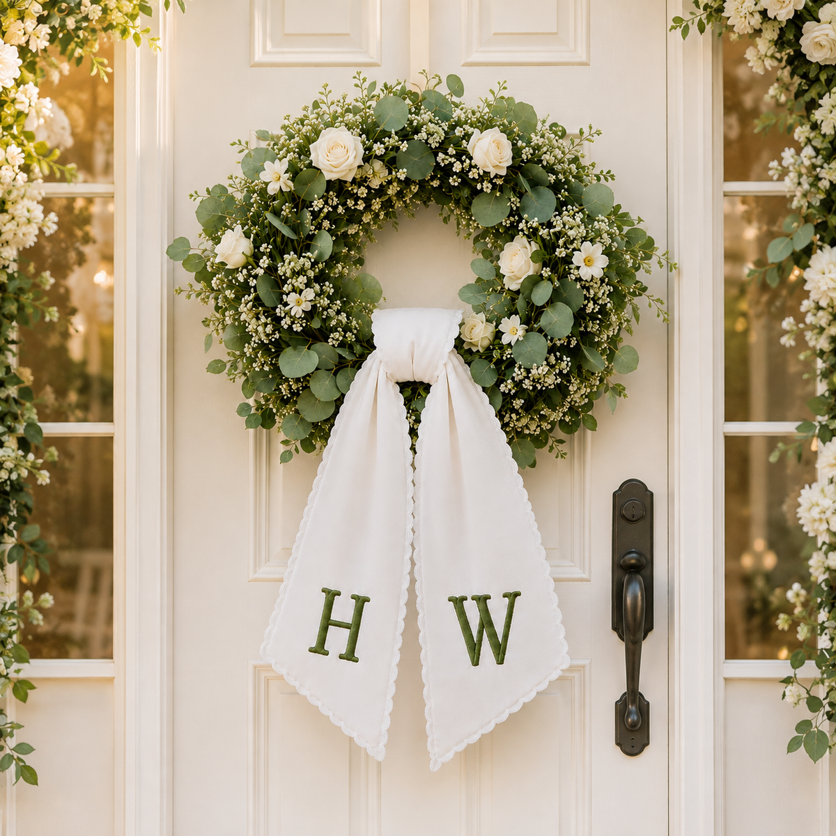 Personalized Embroidered Wreath Sash, Custom Monogram Wedding Door Bow TH10 170813