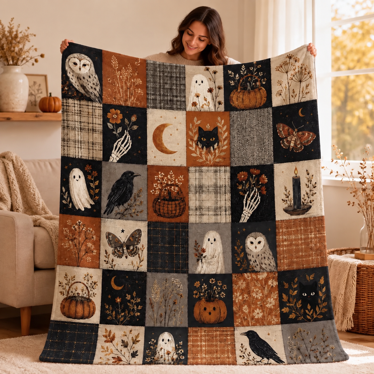 Vintage Patchwork Ghost Owl Black Cat Halloween Flannel Blanket HO82 903806