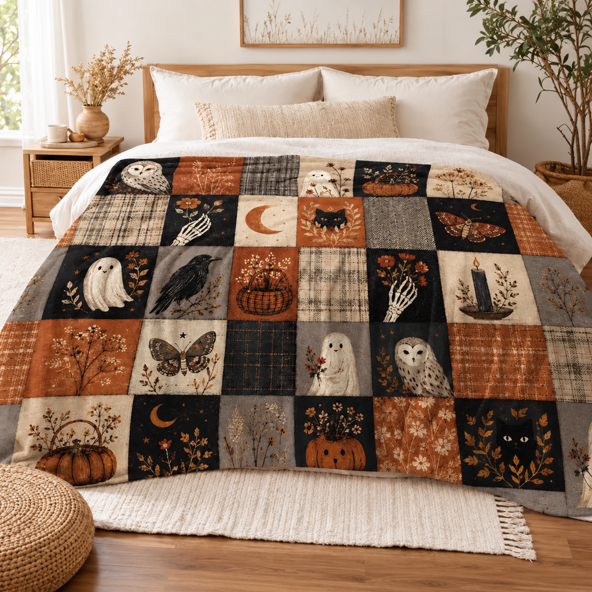 Vintage Patchwork Ghost Owl Black Cat Halloween Flannel Blanket HO82 903806