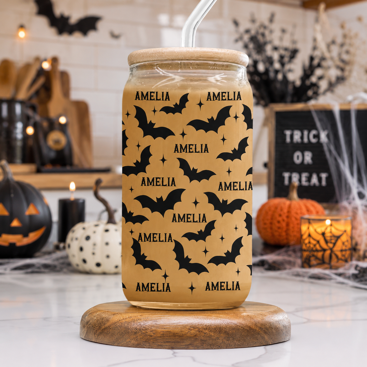 Personalized Name Cute Halloween Glass Can With Lid Spooky Season HA75 922000