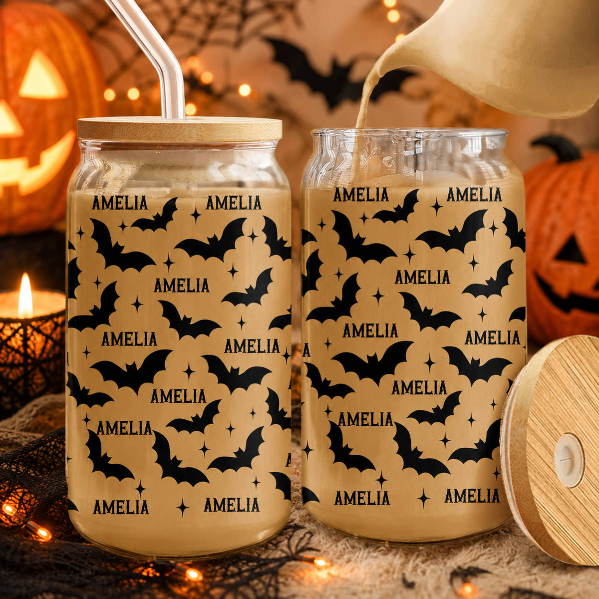 Personalized Name Cute Halloween Glass Can With Lid Spooky Season HA75 922000
