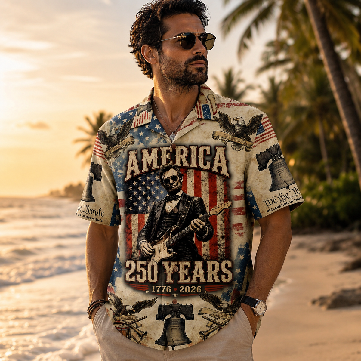 Abraham Lincoln Playing Guitar Rock and Roll American Flag Hawaii T-Shirt 1776-2026 USA Flag Hawaii Shirt CH07 911762