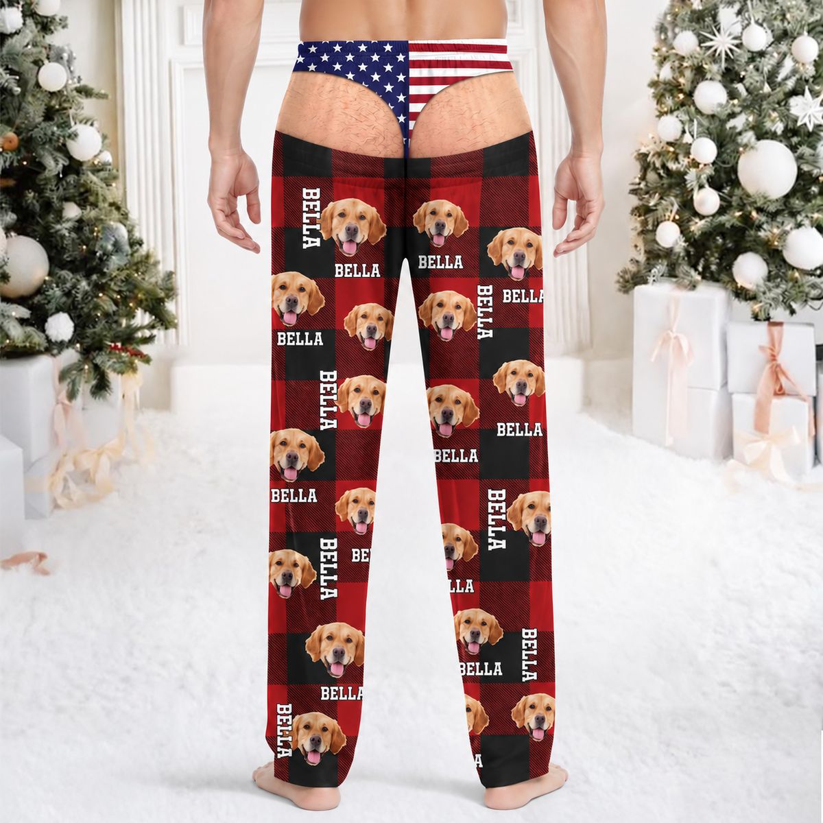 Fake Underwear Custom Dog Photo Flannel Sweatpants Funny Christmas Gag Pants CH07 180530