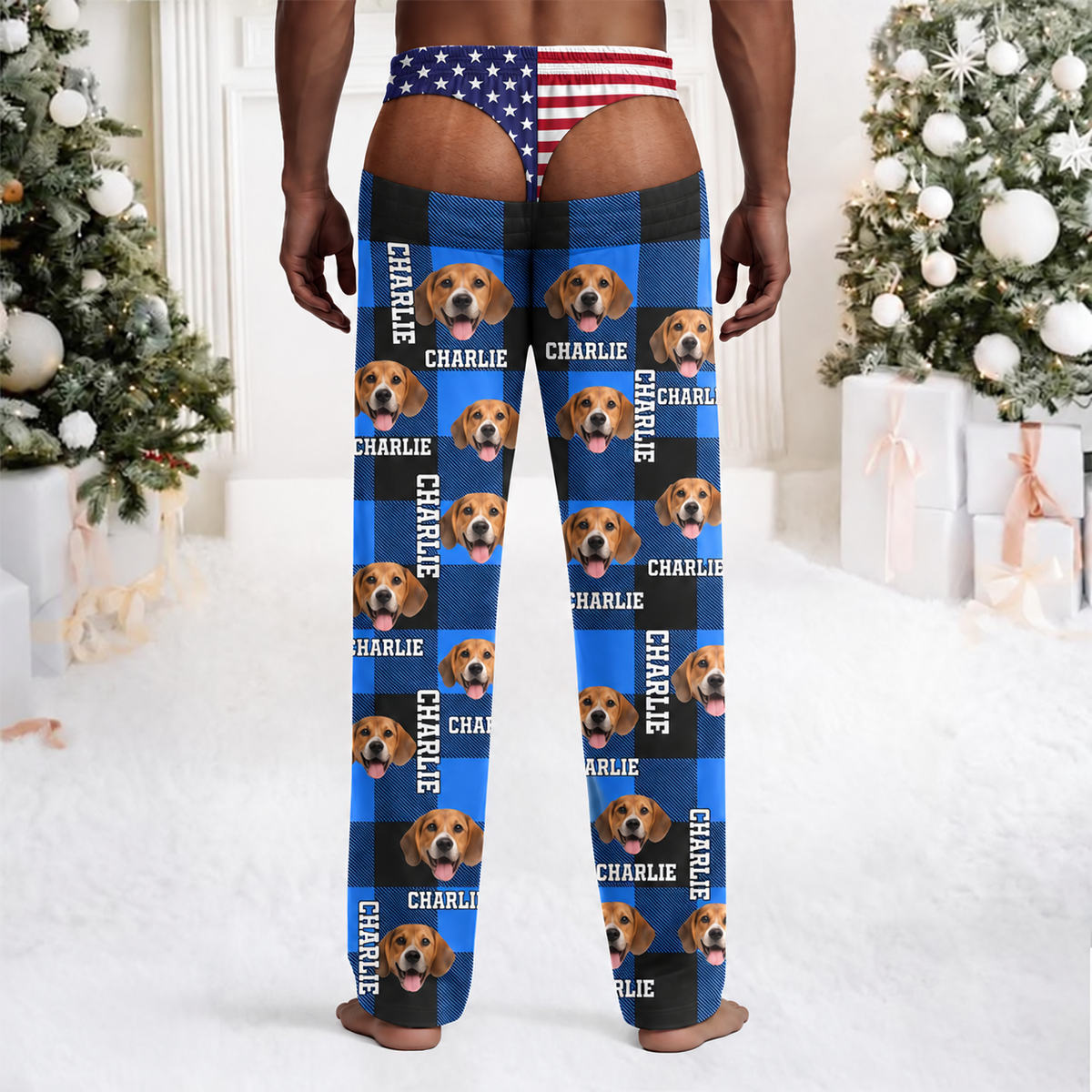 Fake Underwear Custom Dog Photo Flannel Sweatpants Funny Christmas Gag Pants CH07 180530