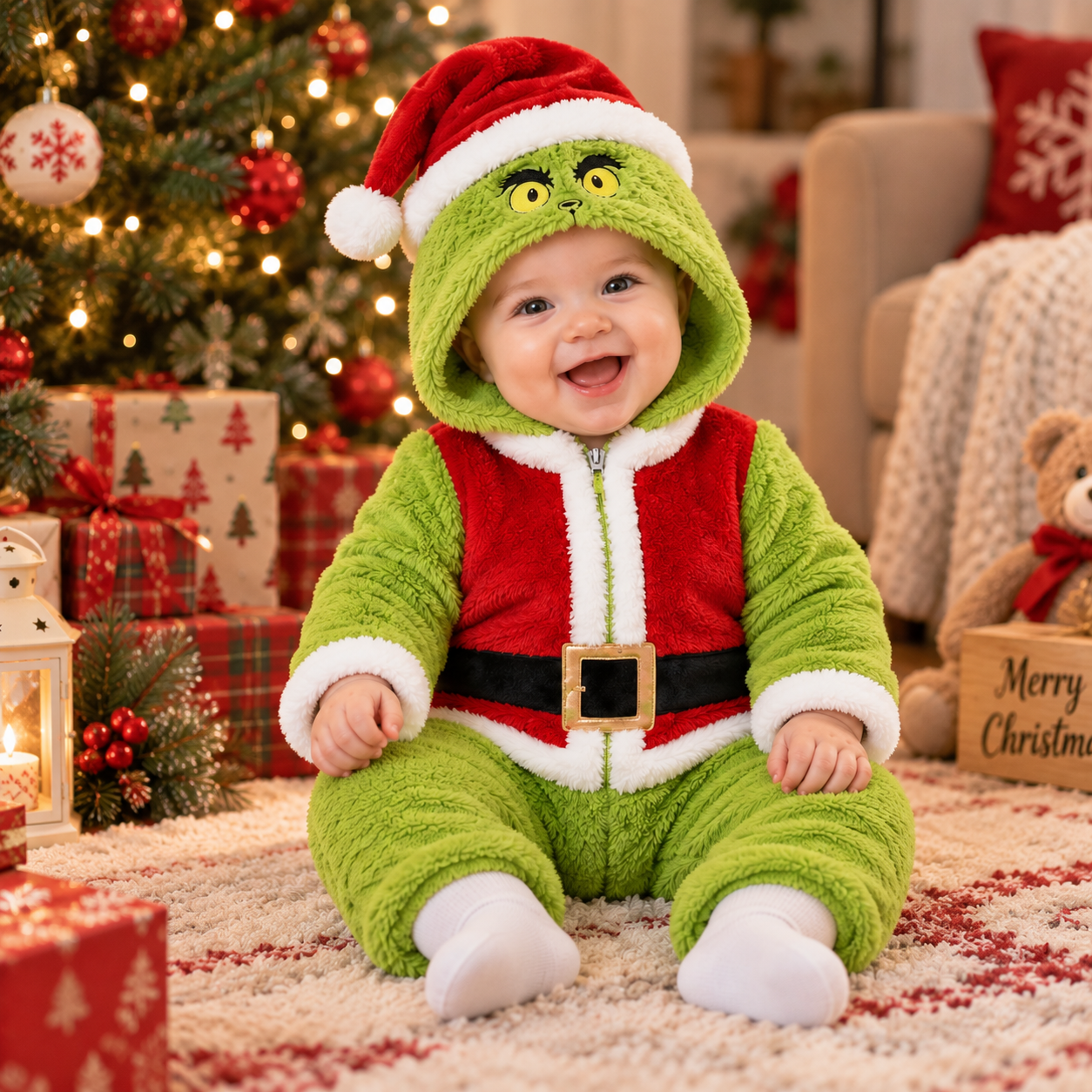 Little Green Baby Onesie Pajamas Funny Baby Christmas Plush Romper CH07 180594