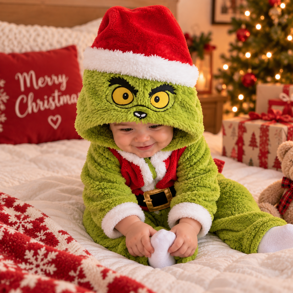 Little Green Baby Onesie Pajamas Funny Baby Christmas Plush Romper CH07 180594