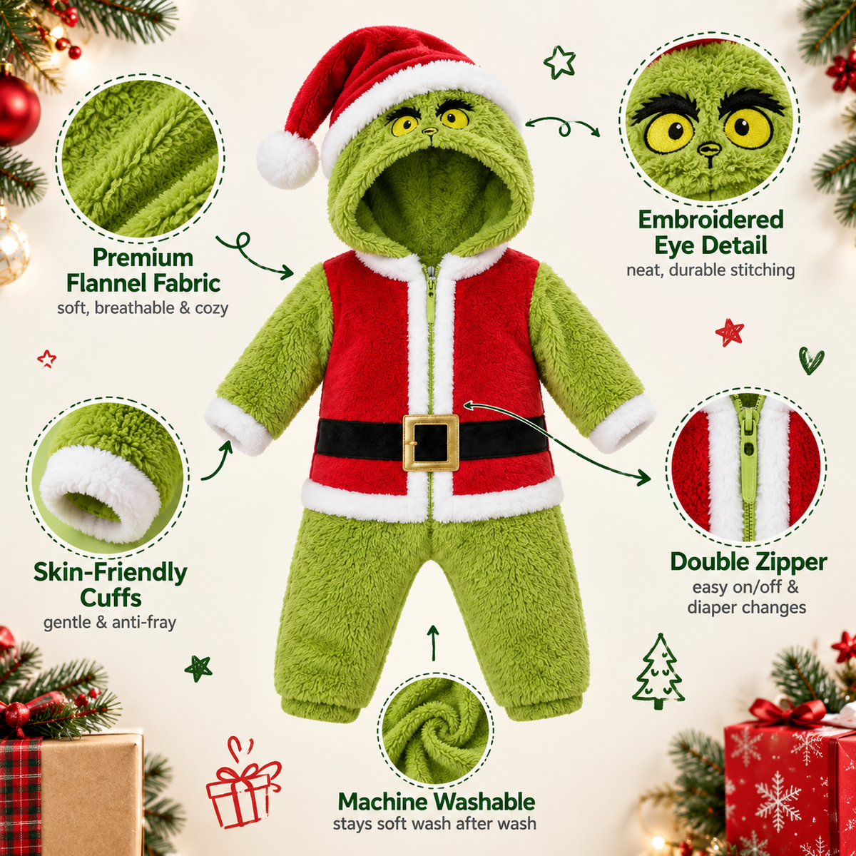 Little Green Baby Onesie Pajamas Funny Baby Christmas Plush Romper CH07 180594