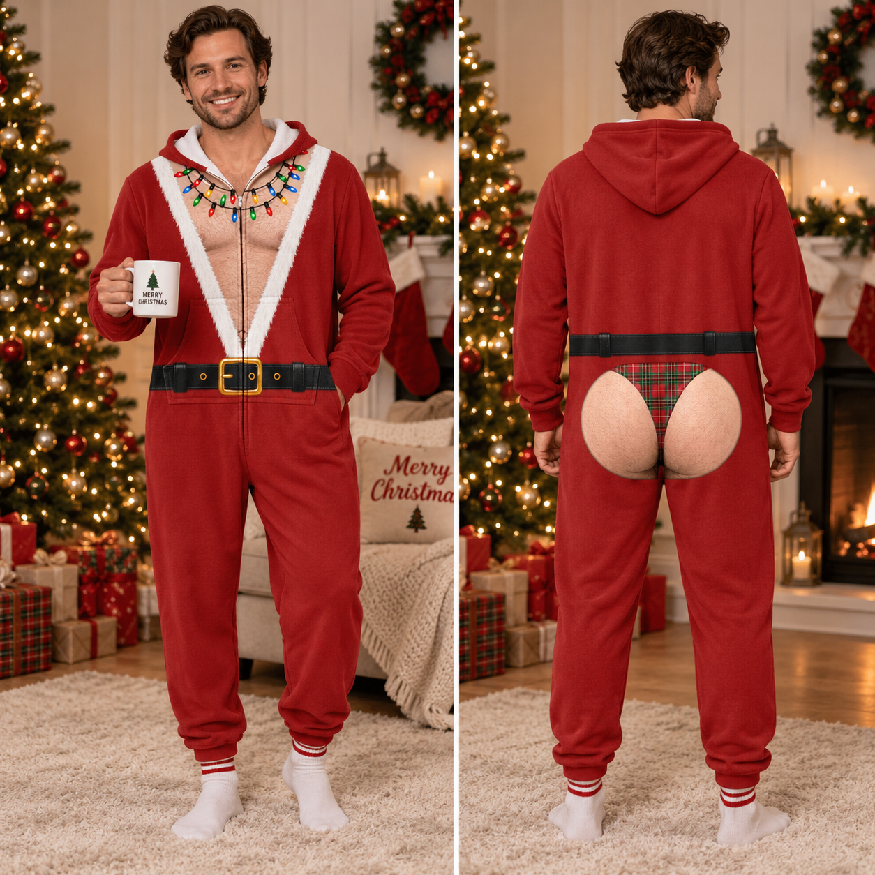 Funny Santa Body Illusion Adult Onesie Pajamas Fake Underwear Christmas Onesie Pajamas CH07 180584