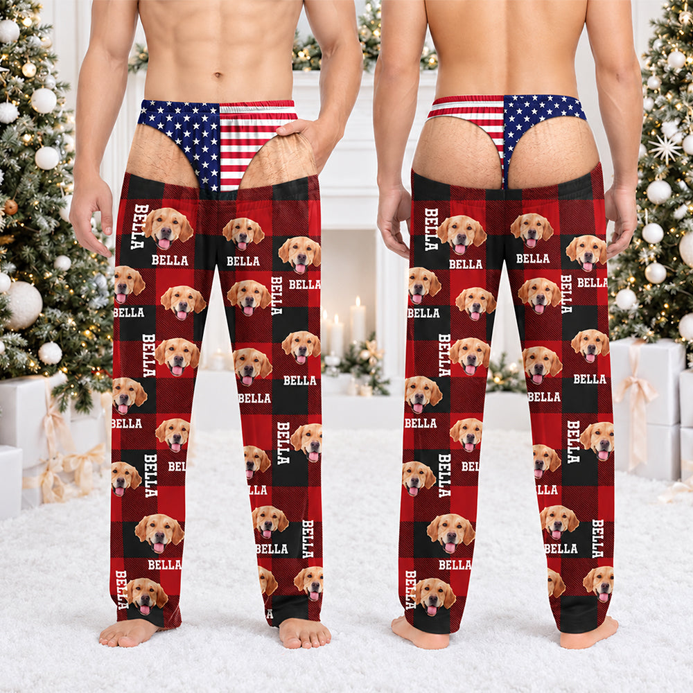 Fake Underwear Custom Dog Photo Flannel Sweatpants Funny Christmas Gag Pants CH07 180530