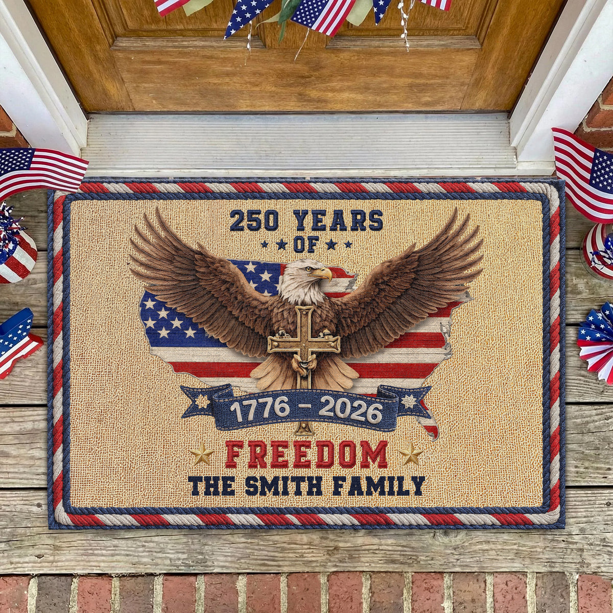 Personalized Family Name 250th Anniversary USA Patriotic Faux Pattern Doormat - 2D Printed Not Embroidered Patriotic America Decor HO82 901578
