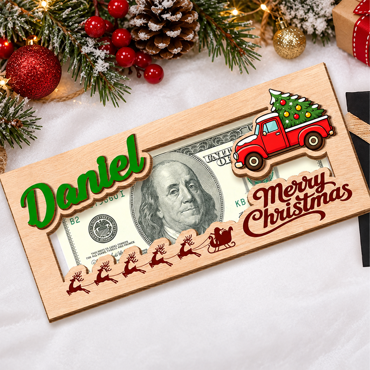 Personalized Merry Christmas Cute Cartoon Pattern Wood Money Holder HO82 903968