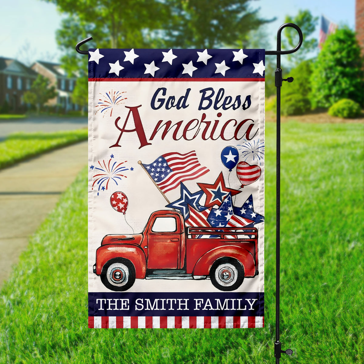 Custom Name God Bless America Patriotic Red Truck Garden Flag LM32 897195