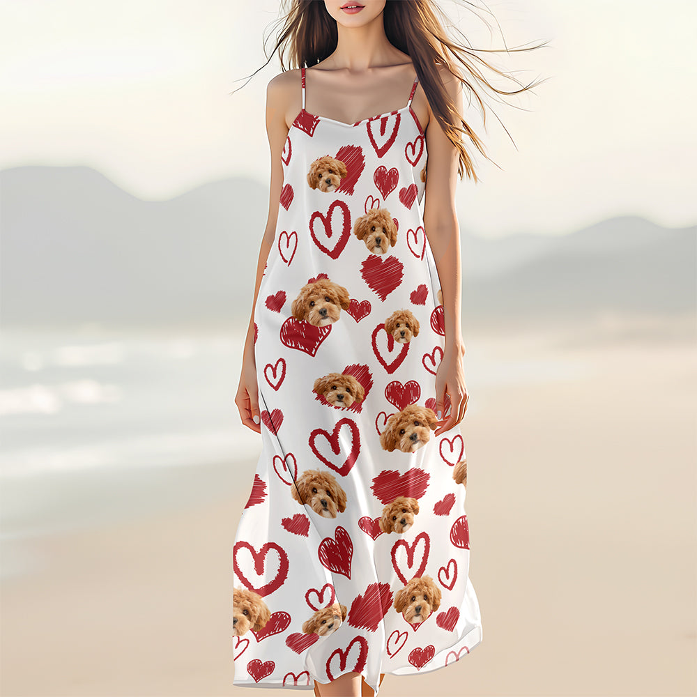 Custom Photo Love Heart Dog Women's V-Neck Cami Maxi Dress HO82 893740