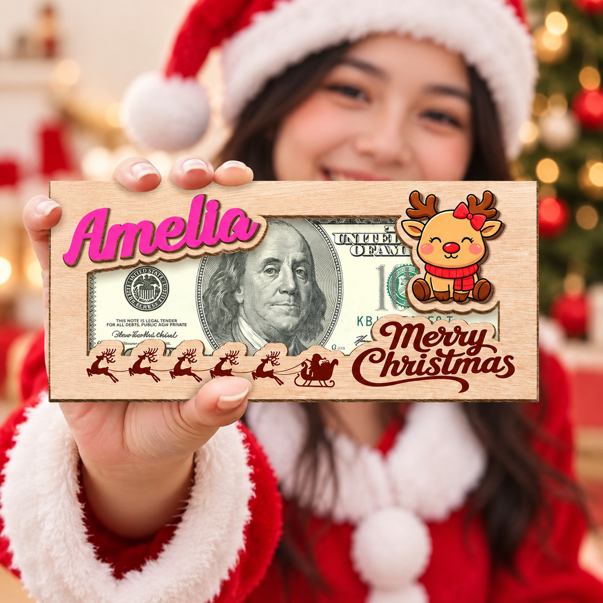 Personalized Merry Christmas Cute Cartoon Pattern Wood Money Holder HO82 903968