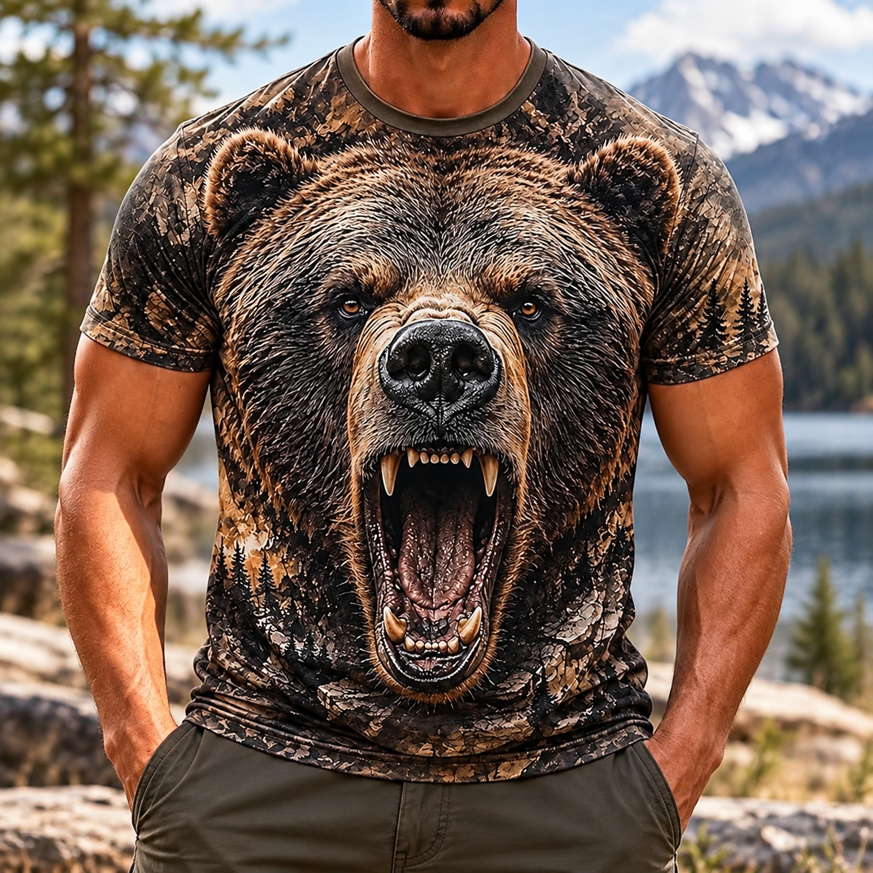 Wild Instinct Face 3D Animal T-Shirt – Fierce Wolf & Bear Graphic Tee CH07 180794