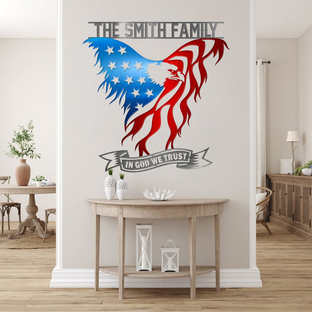 Custom Family Name American Eagle Flag In God We Trust Metal Sign LM32 897905