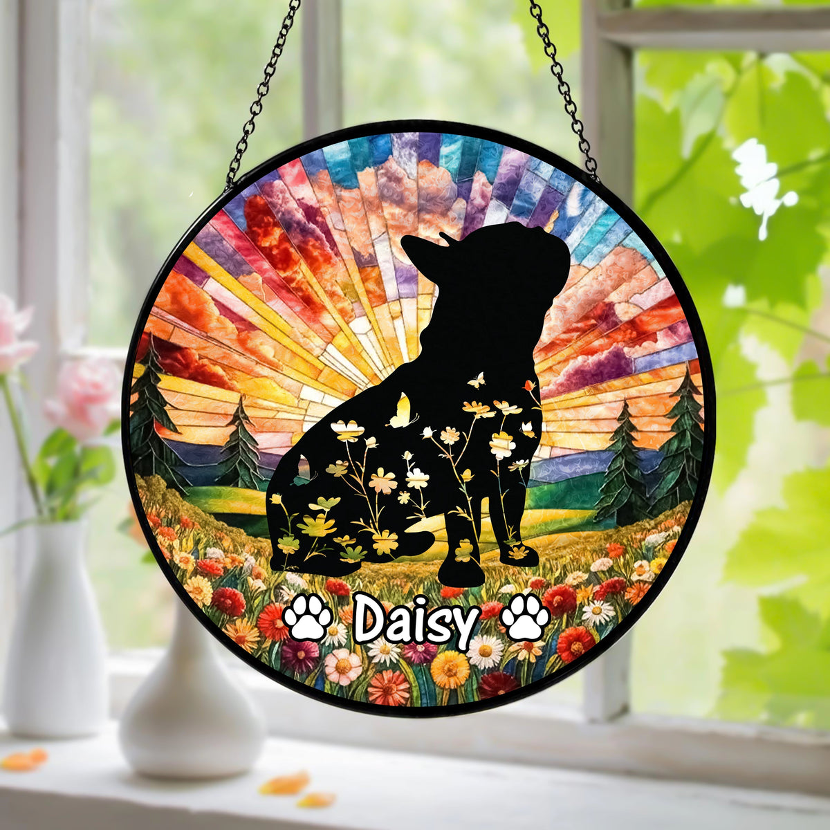 Custom Floral Dog Memorial For Dog Lover Stained Glass Suncatcher TH10 894461