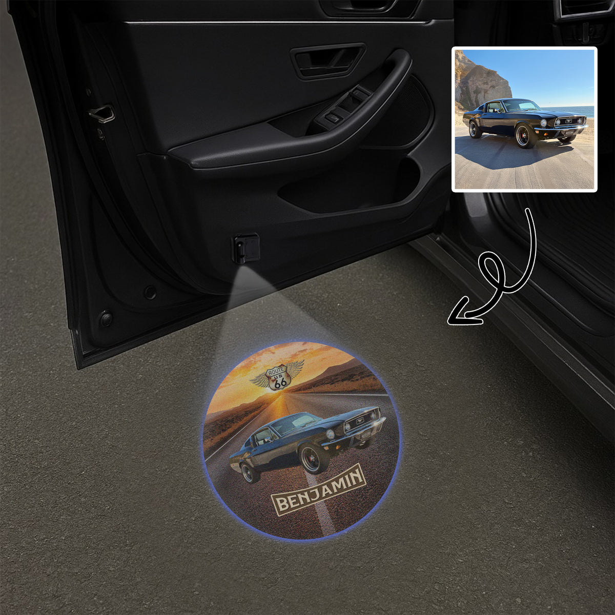 Custom Photo Car Photo Vintage Route 66 - Personalized Car Door Projector Light CH07 896436