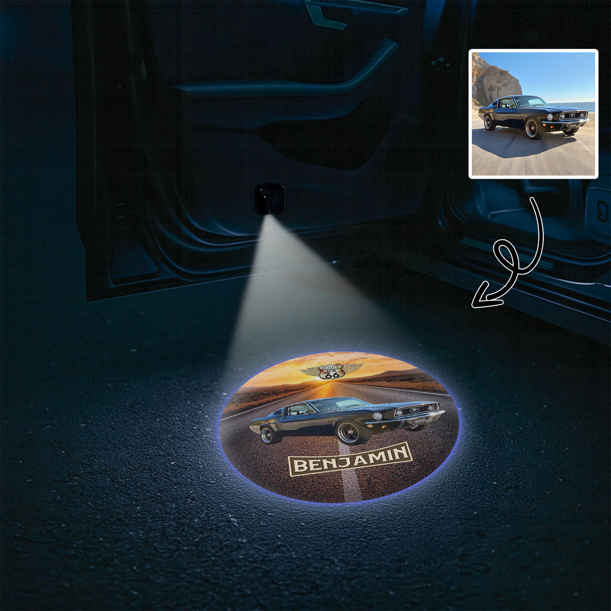 Custom Photo Car Photo Vintage Route 66 - Personalized Car Door Projector Light CH07 896436