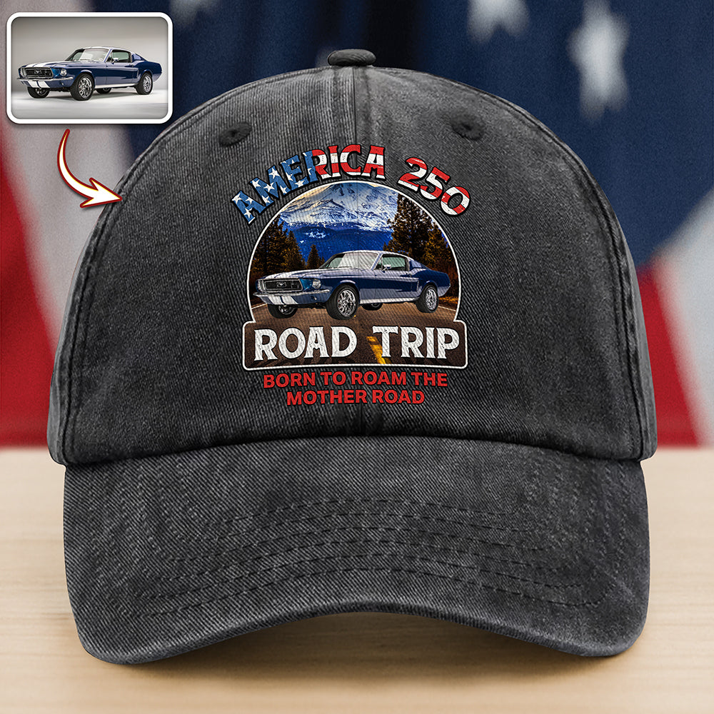 Custom Car Photo America 250 Route 66 Road Trip Personalized Washed Denim Baseball Cap HA75 897972
