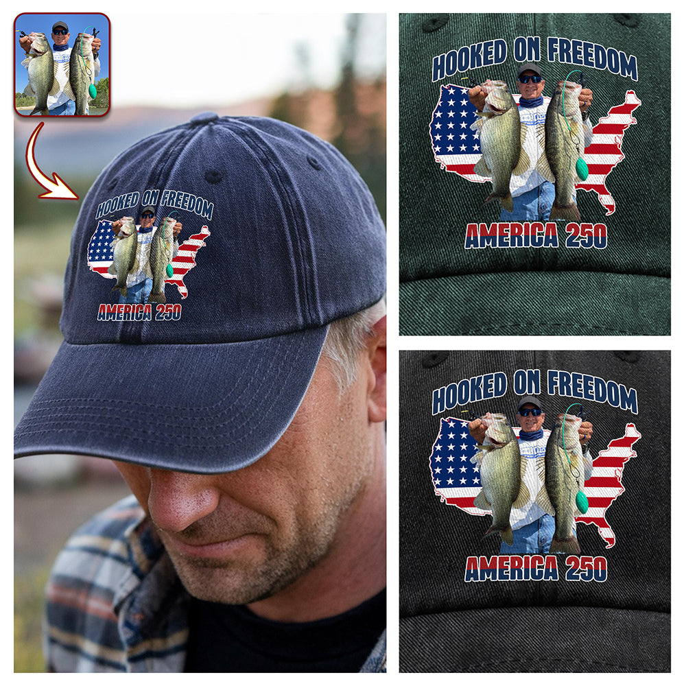 Custom Photo Hooked On Freedom America 250 Washed Denim Baseball Cap For Fishing Lovers HA75 897970
