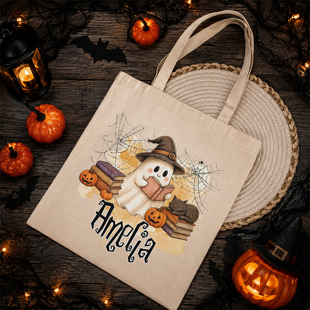Custom Name Ghost Design Halloween Tote Bag – Personalized Spooky Trick or Treat Bag LM32 669621