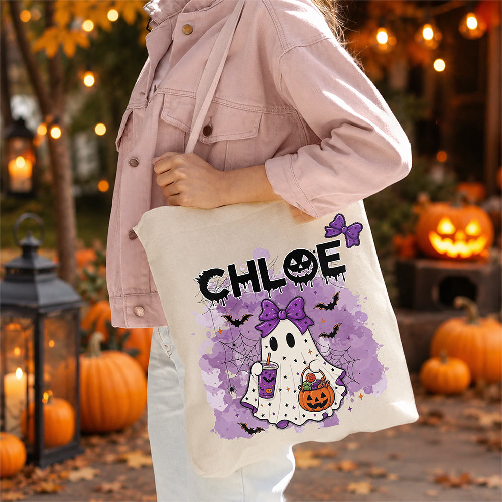 Custom Name Ghost Design Halloween Tote Bag – Personalized Spooky Trick or Treat Bag LM32 669621