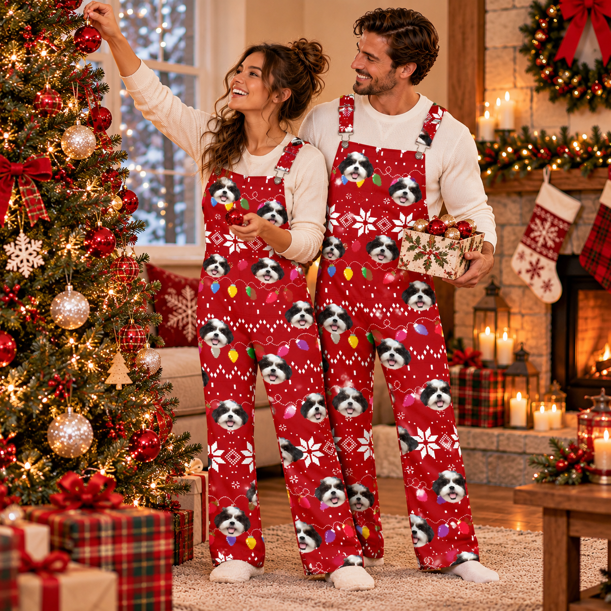 Custom Dog Face Funny Christmas Lights Overall Jumpsuit - Best Christmas Gift For Family HO82 903890